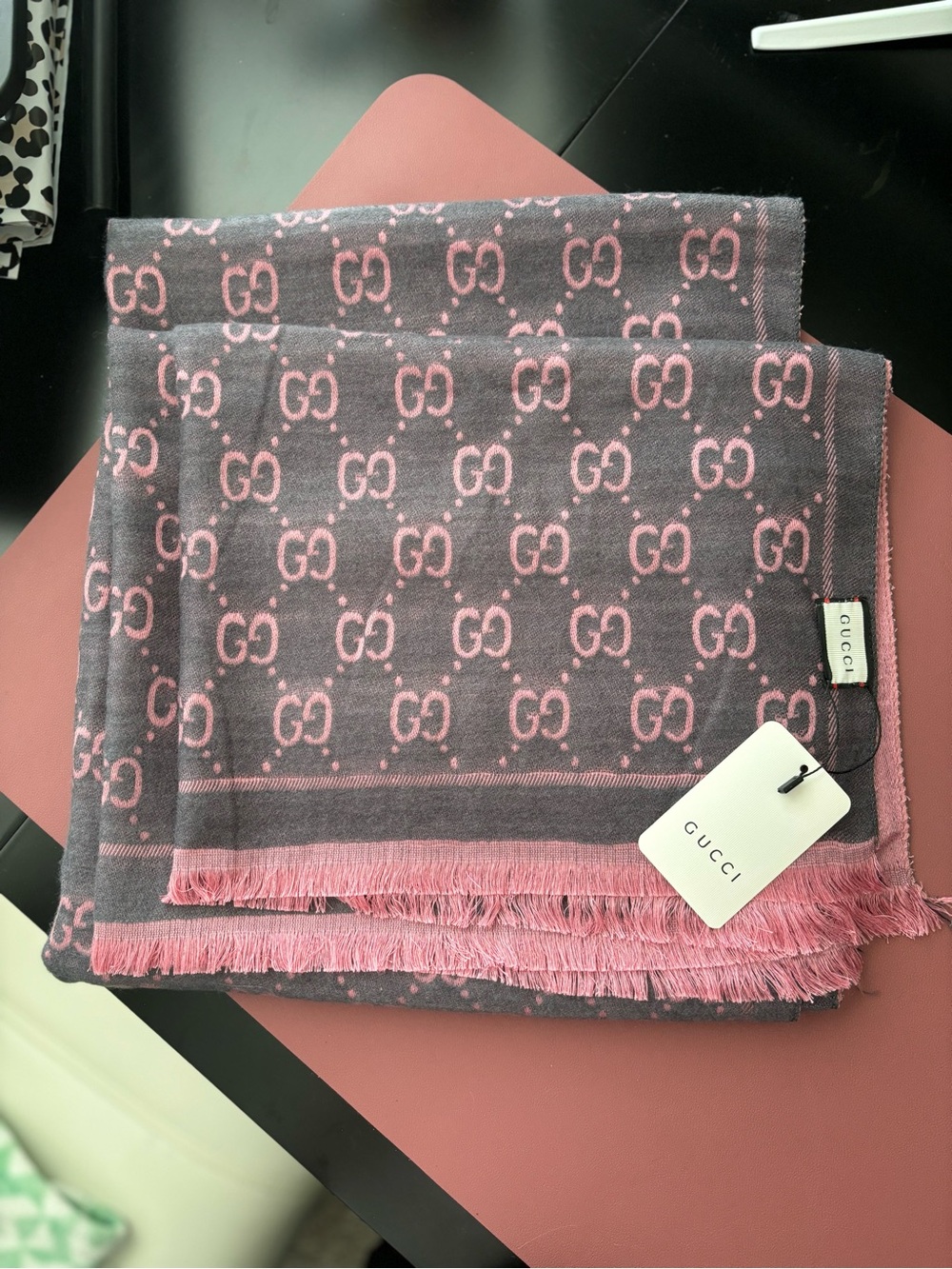 Gucci Pink and Charcoal GG Monogram Scarf